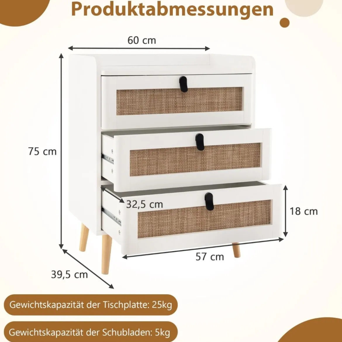 Nachttisch mit 3 Schubladen Massivholzbeine Nachtkommode im Boho-Stil 60 x 40 x 75 cm