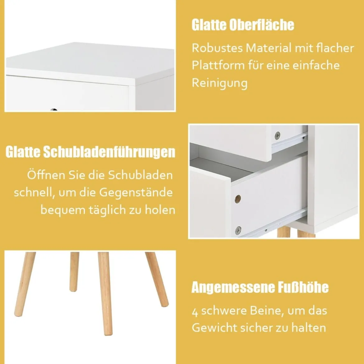 Nachttisch mit 2 Schubladen Moderner Nachttischschrank Beistelltisch Kautschukholzbeine Weiß