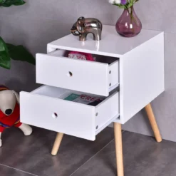 Nachttisch mit 2 Schubladen Moderner Nachttischschrank Beistelltisch Kautschukholzbeine Weiß