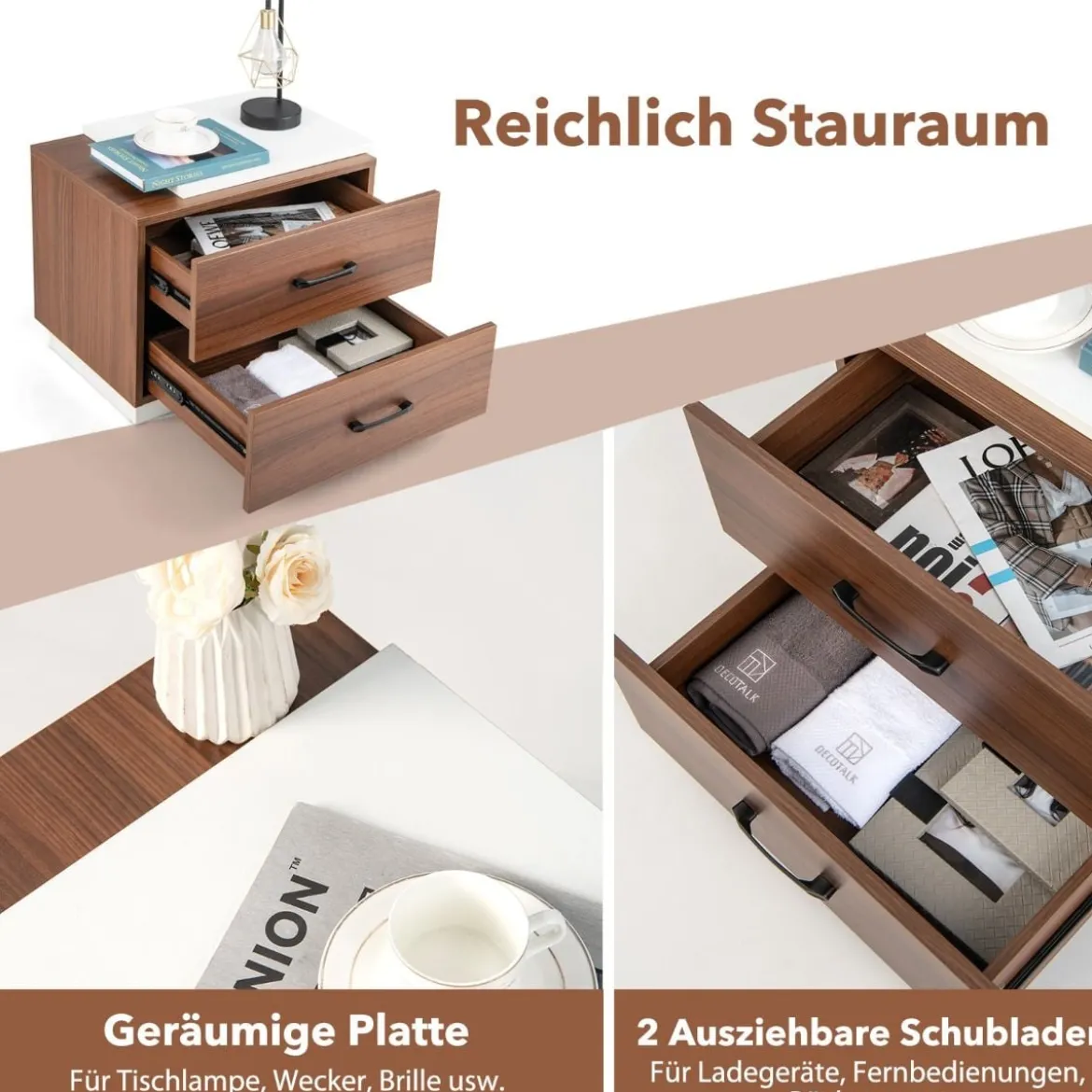 Nachttisch mit 2 Schubladen Nachtschrank aus Holz mit Stauraum Beistelltisch55 x 40 x 45 cm