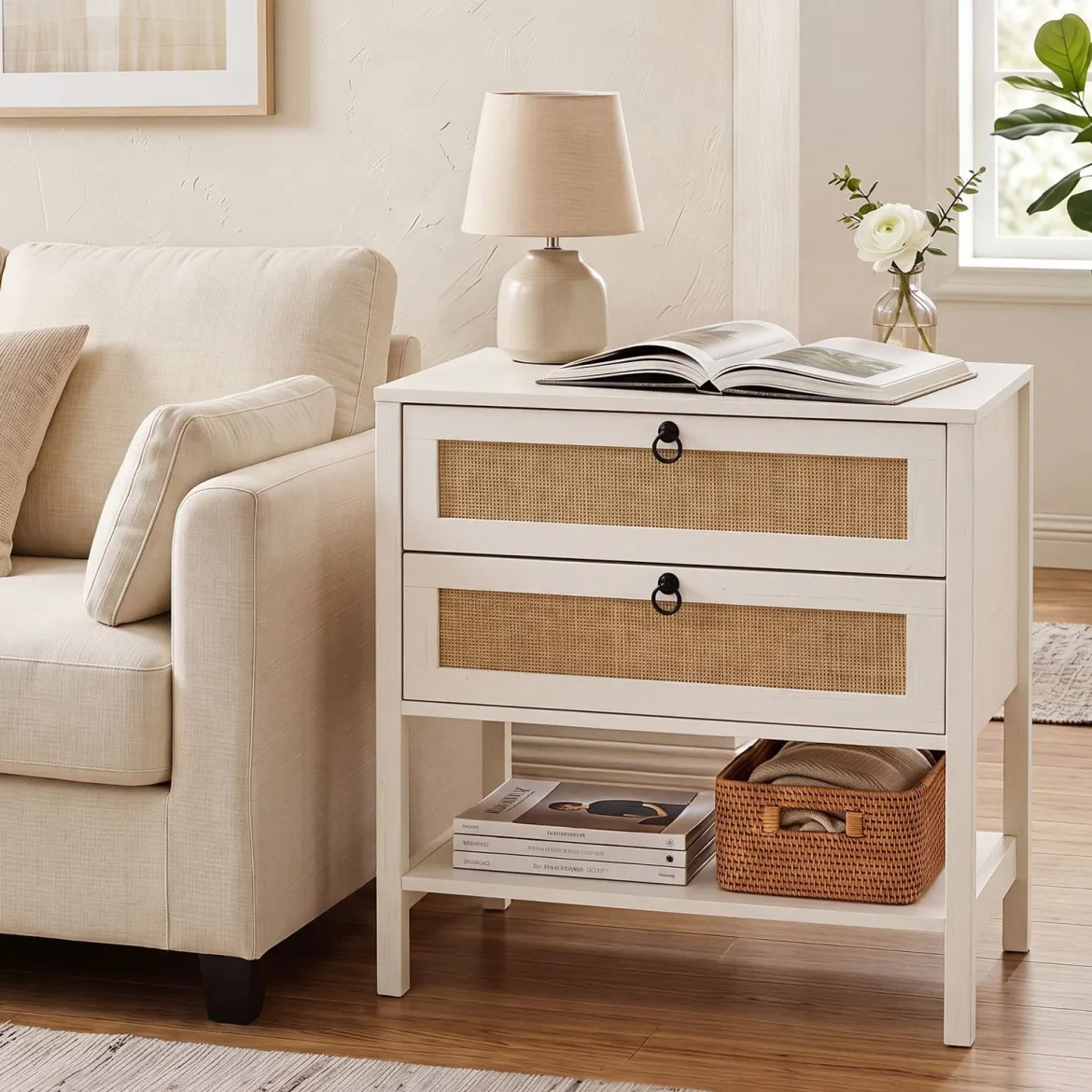 Nachttisch mit 2 Schubladen Offenem Regal & Rattan-Fronten 68 x 40 x 65 cm Weiß