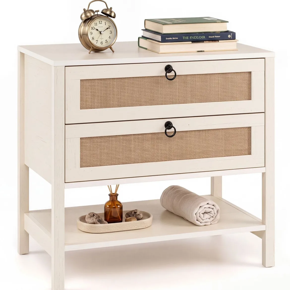 Nachttisch mit 2 Schubladen Offenem Regal & Rattan-Fronten 68 x 40 x 65 cm Weiß