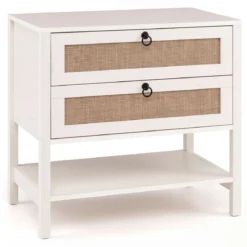 Nachttisch mit 2 Schubladen Offenem Regal & Rattan-Fronten 68 x 40 x 65 cm Weiß