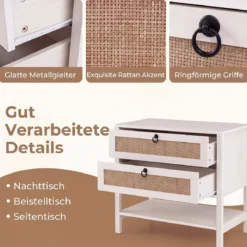 Nachttisch mit 2 Schubladen Offenem Regal & Rattan-Fronten 68 x 40 x 65 cm Weiß