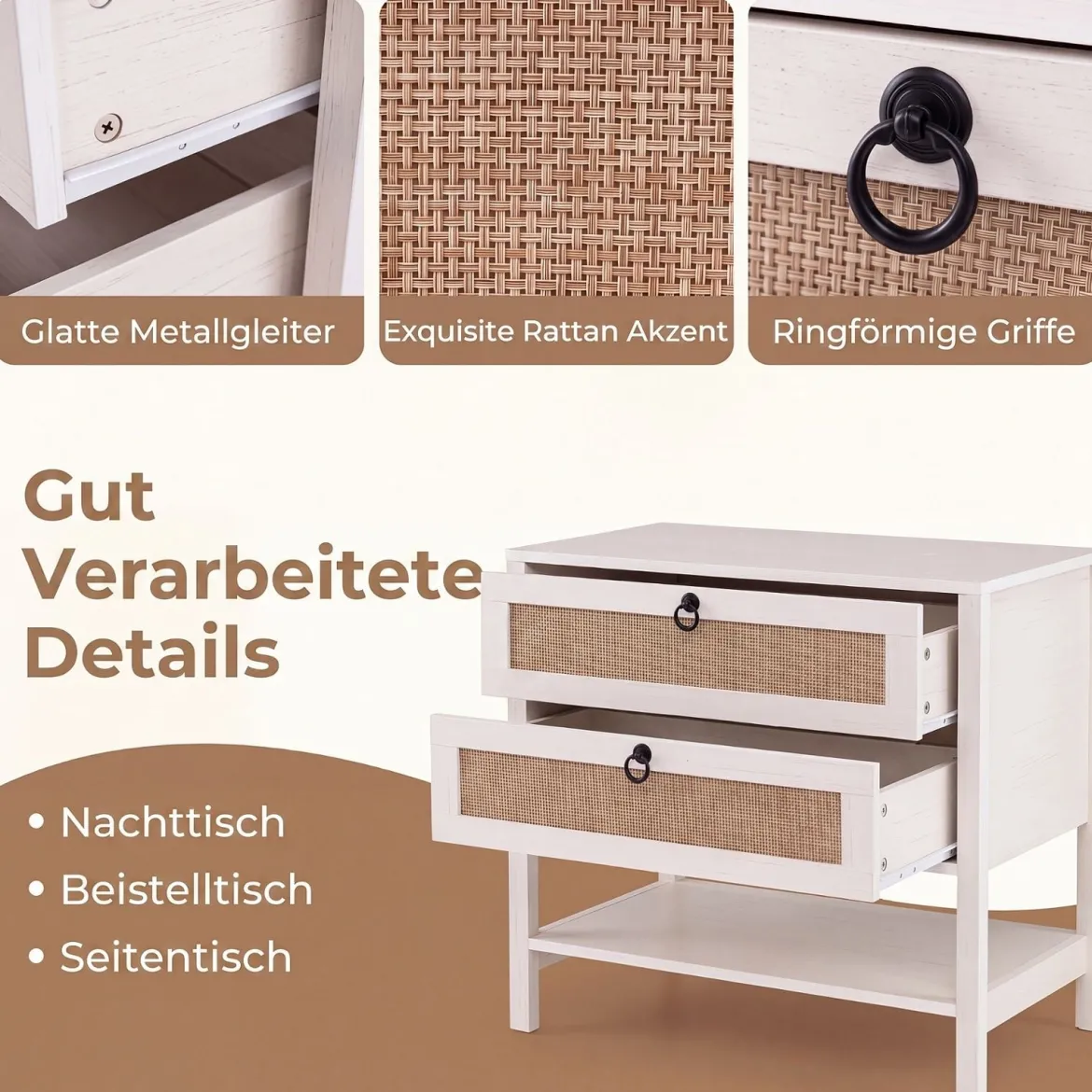 Nachttisch mit 2 Schubladen Offenem Regal & Rattan-Fronten 68 x 40 x 65 cm Weiß