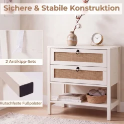 Nachttisch mit 2 Schubladen Offenem Regal & Rattan-Fronten 68 x 40 x 65 cm Weiß