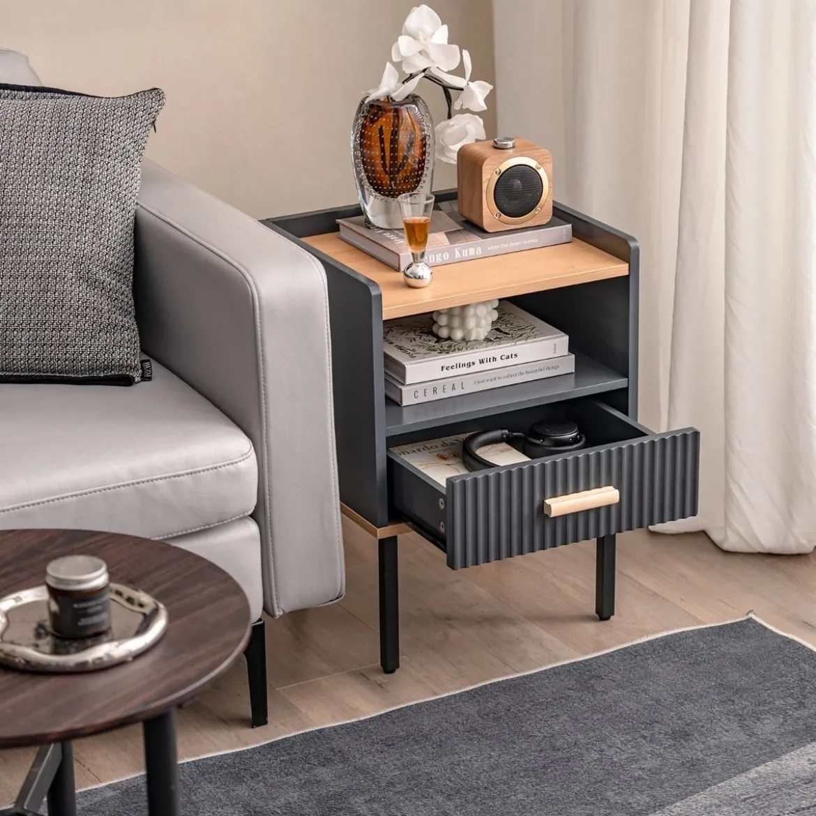 Nachttisch mit Schublade & Offenem Regal Nachtschrank 40 x 35 x 56 cm Grau