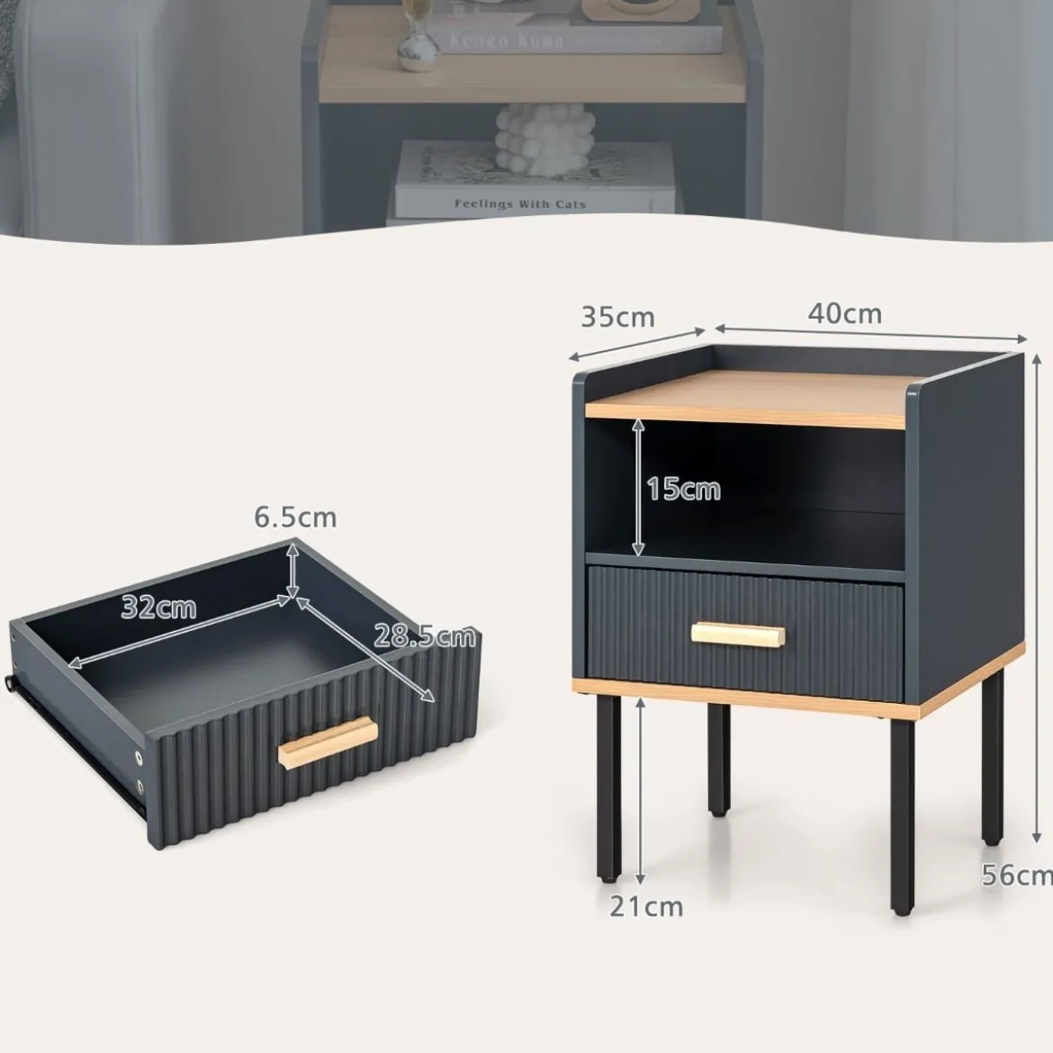 Nachttisch mit Schublade & Offenem Regal Nachtschrank 40 x 35 x 56 cm Grau