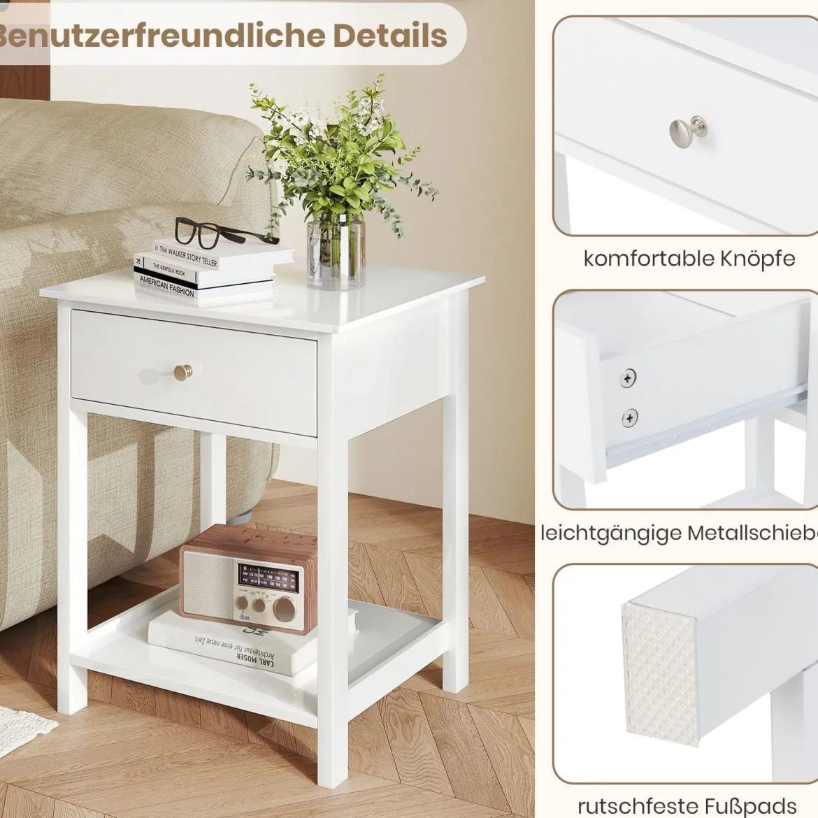 Nachttisch mit Schublade & Offenem Regal Beistelltisch Nachtschrank Nachtkonsole Weiß