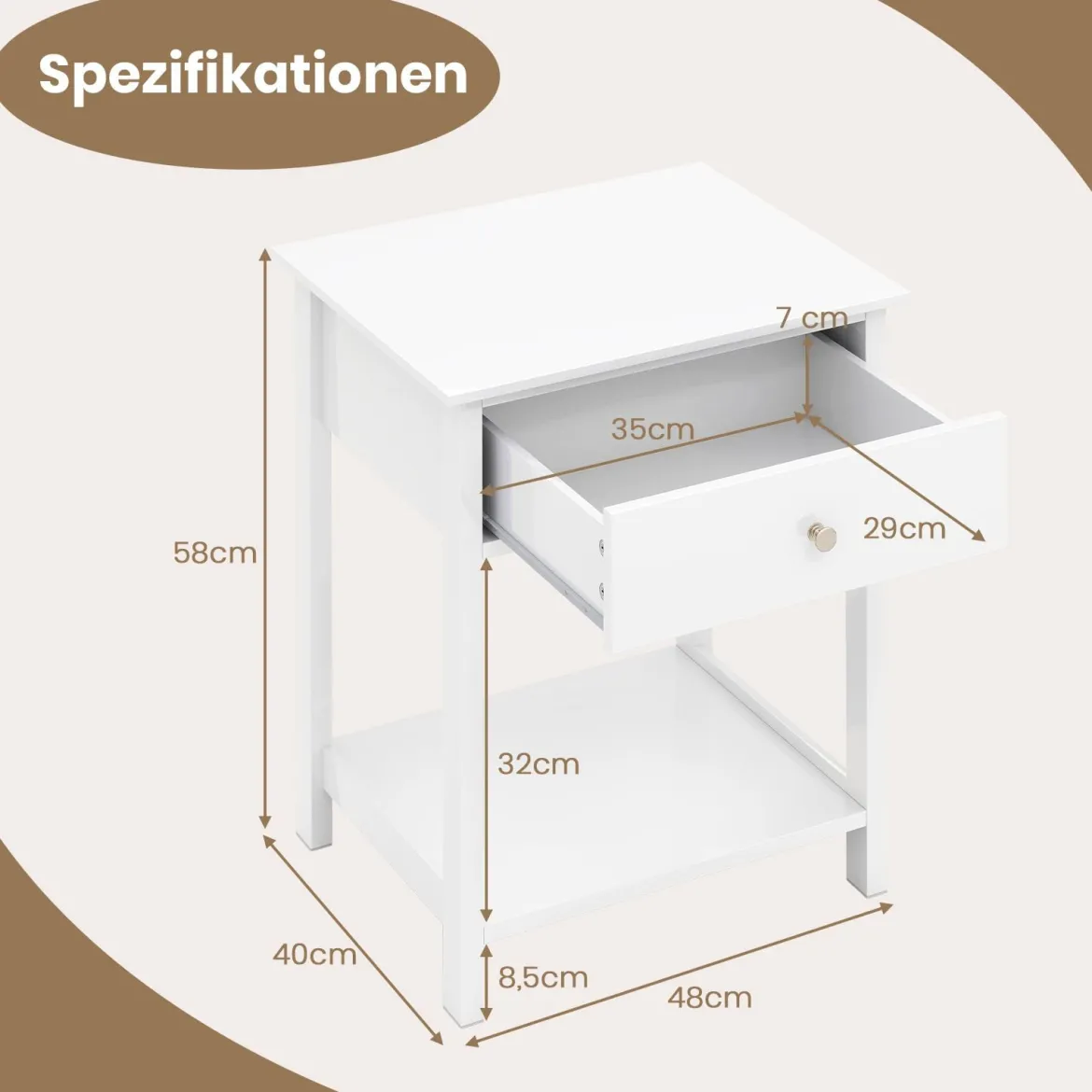 Nachttisch mit Schublade & Offenem Regal Beistelltisch Nachtschrank Nachtkonsole Weiß