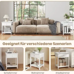 Nachttisch mit Schublade & Offenem Regal Beistelltisch Nachtschrank Nachtkonsole Weiß