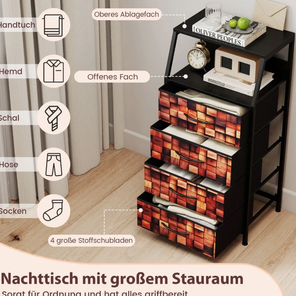 Nachttisch mit 4 Stoff-Schubladen & Offenes Fach Industriell Beistelltisch Nachtschrank Braun