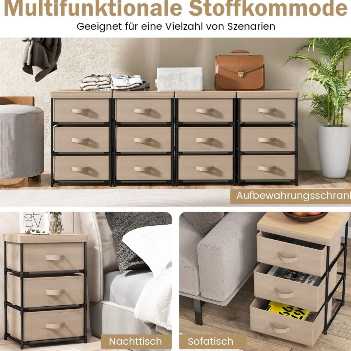 Nachttisch mit Stoffschubladen Beistelltisch mit Metallrahmen Stoffkommode Kleiderkommode