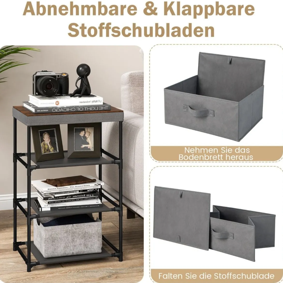 Nachttisch mit Stoffschubladen Beistelltisch mit Metallrahmen Stoffkommode Kleiderkommode