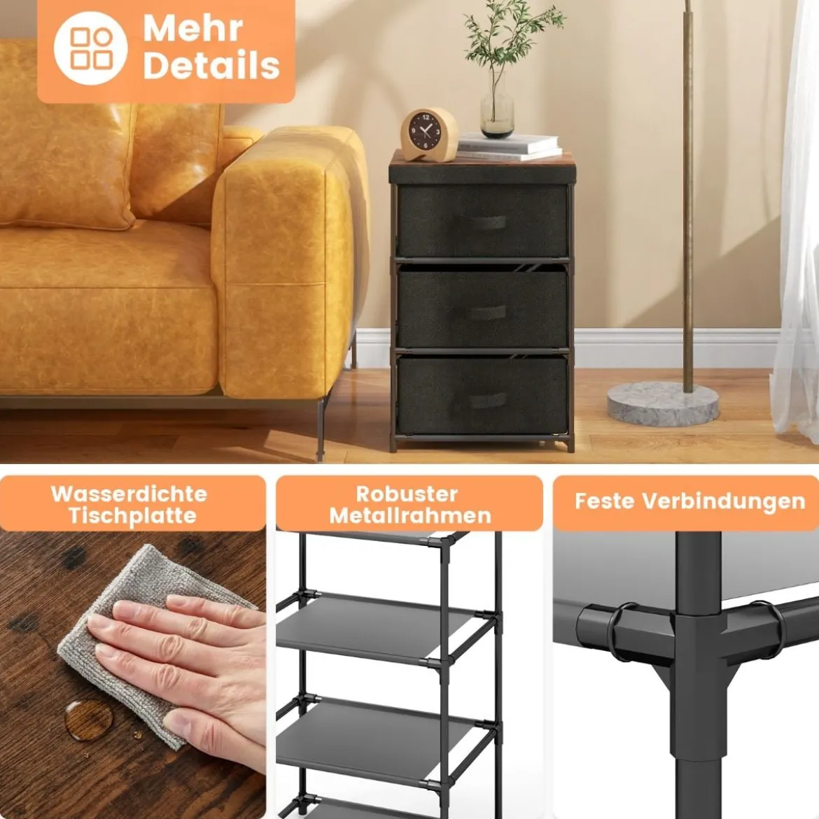 Nachttisch mit Stoffschubladen Beistelltisch mit Metallrahmen Stoffkommode Kleiderkommode