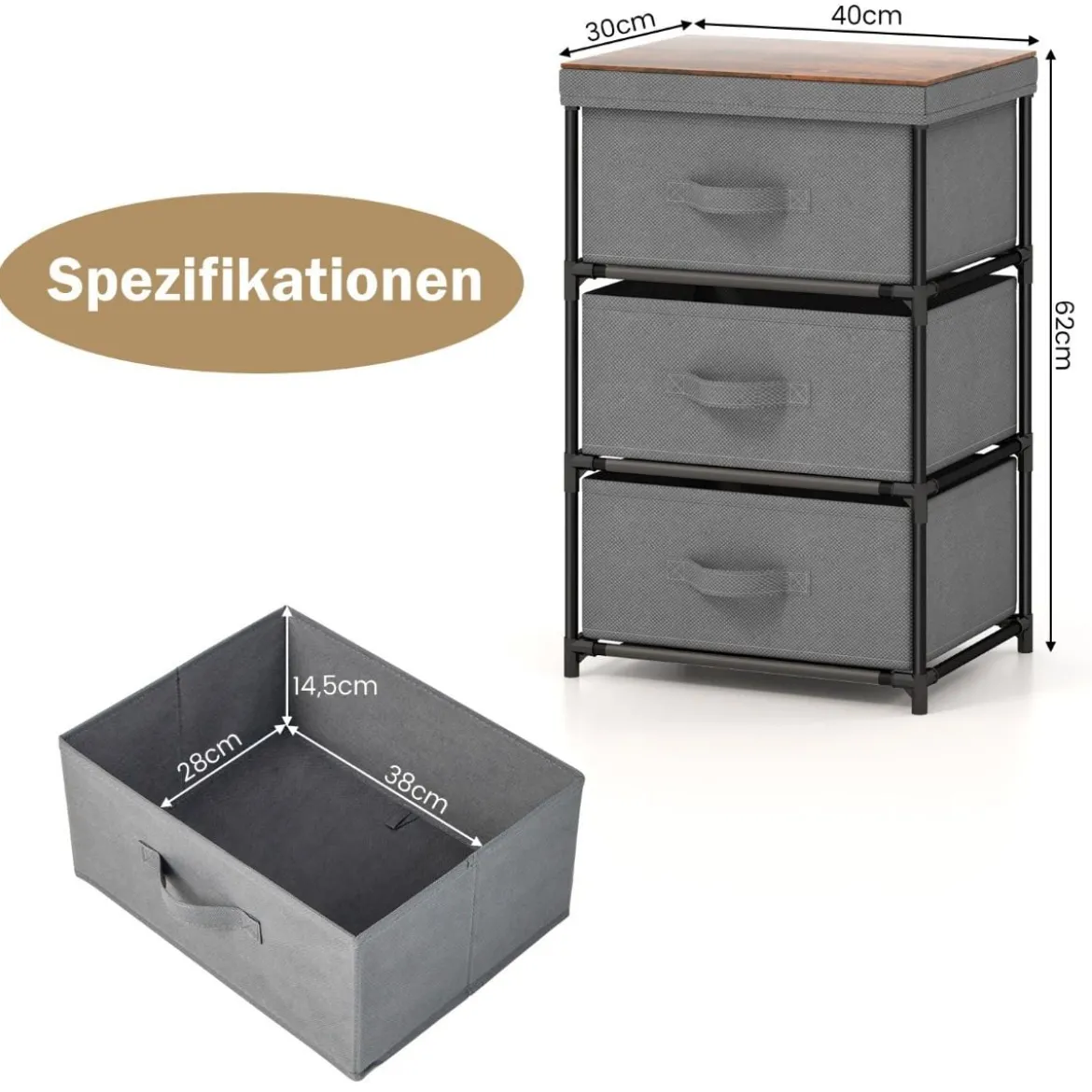 Nachttisch mit Stoffschubladen Beistelltisch mit Metallrahmen Stoffkommode Kleiderkommode