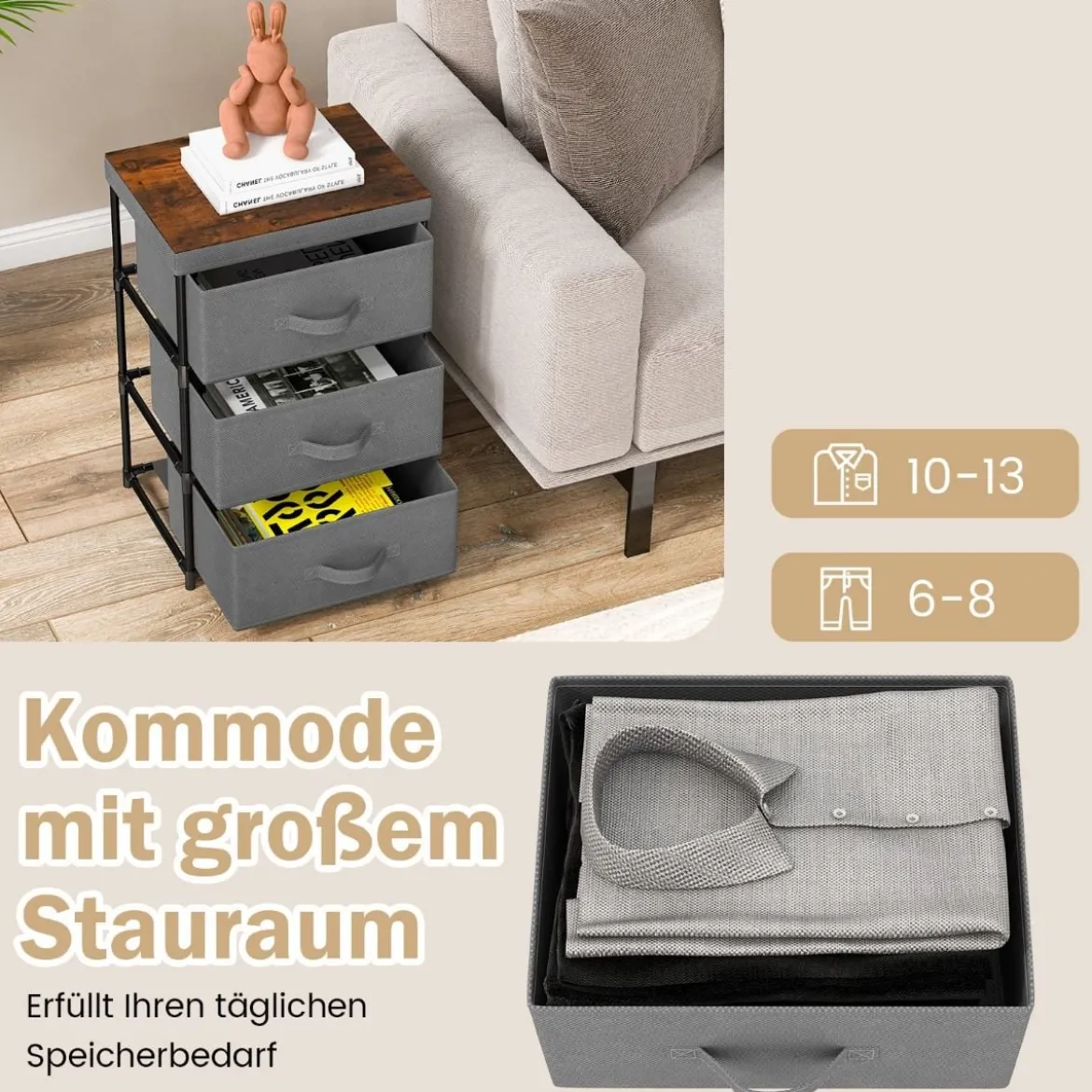 Nachttisch mit Stoffschubladen Beistelltisch mit Metallrahmen Stoffkommode Kleiderkommode