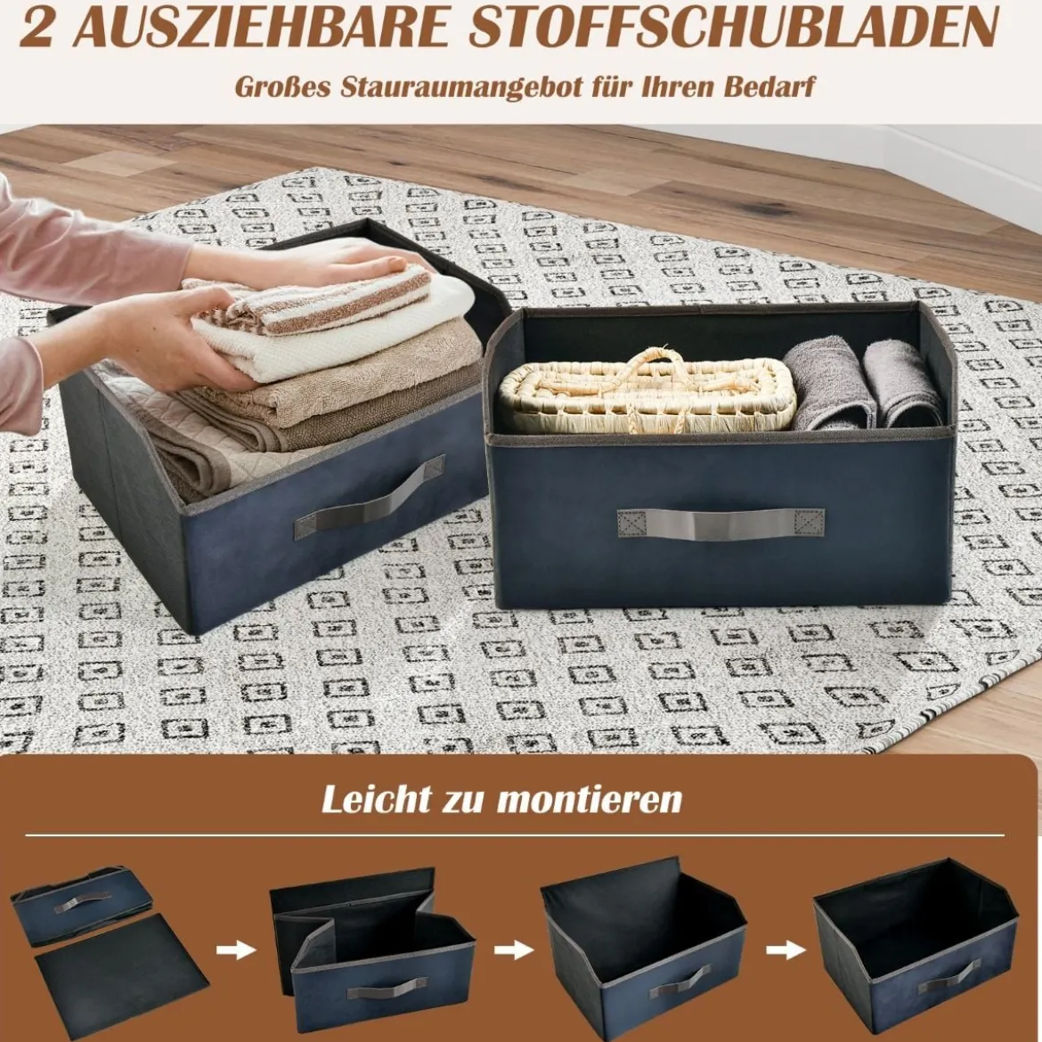 Nachttisch mit 2 Stoffschubladen Nachtkommode Beistelltisch mit Metallrahmen 45 x 30 x 50,5 cm Rustikales Braun