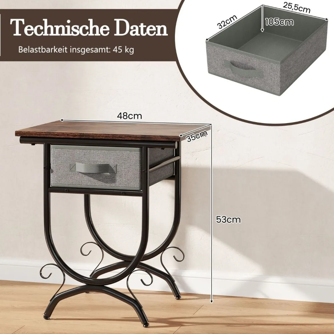 Nachttisch mit Stoffschublade Beistelltisch mit Metallrahmen Sofatisch Nachtkommode 48 x 35 x 53 cm