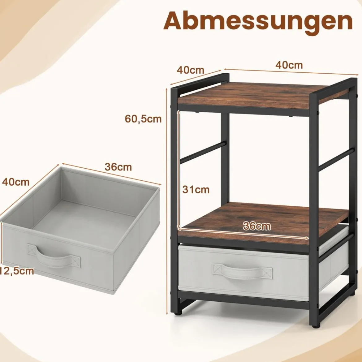 Nachttisch mit Stoffschublade & Offenem Ablagefach Beistelltisch Nachtschrank
