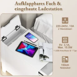 Nachttisch mit USB-Anschlüssen & Steckdosen & Zeitschriftenständer Beistelltisch Ablagetisch