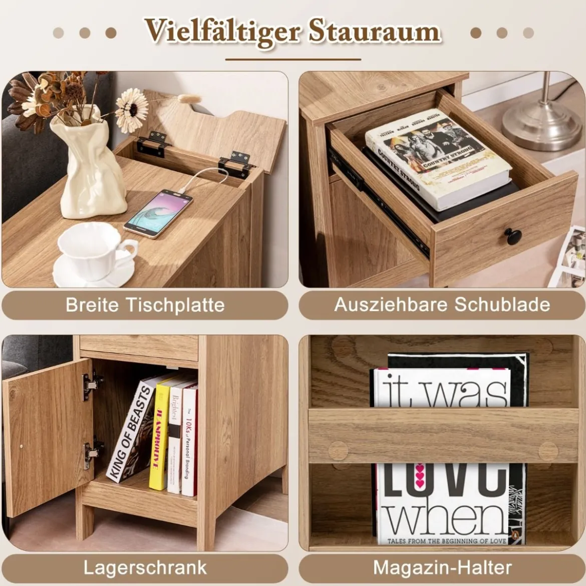 Nachttisch mit USB-Anschlüssen & Steckdosen & Zeitschriftenständer Beistelltisch Ablagetisch
