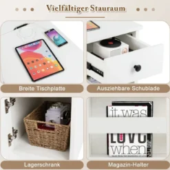 Nachttisch mit USB-Anschlüssen & Steckdosen & Zeitschriftenständer Beistelltisch Ablagetisch