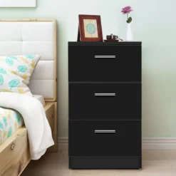 Nachttisch Nachtschrank Schubladenkommode mit 3 Schubkästen Spanplatte 38 x 67 x 35 cm Weiß/Schwarz/Natur