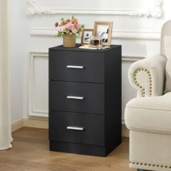 Nachttisch Nachtschrank Schubladenkommode mit 3 Schubkästen Spanplatte 38 x 67 x 35 cm Weiß/Schwarz/Natur