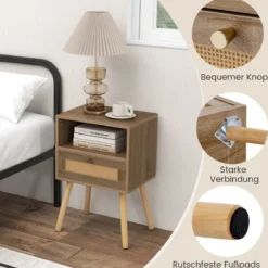 Nachttisch Rattan 2er Set Nachtschrank mit Schublade & offenem Fach 40 x 30 x 60,5 cm