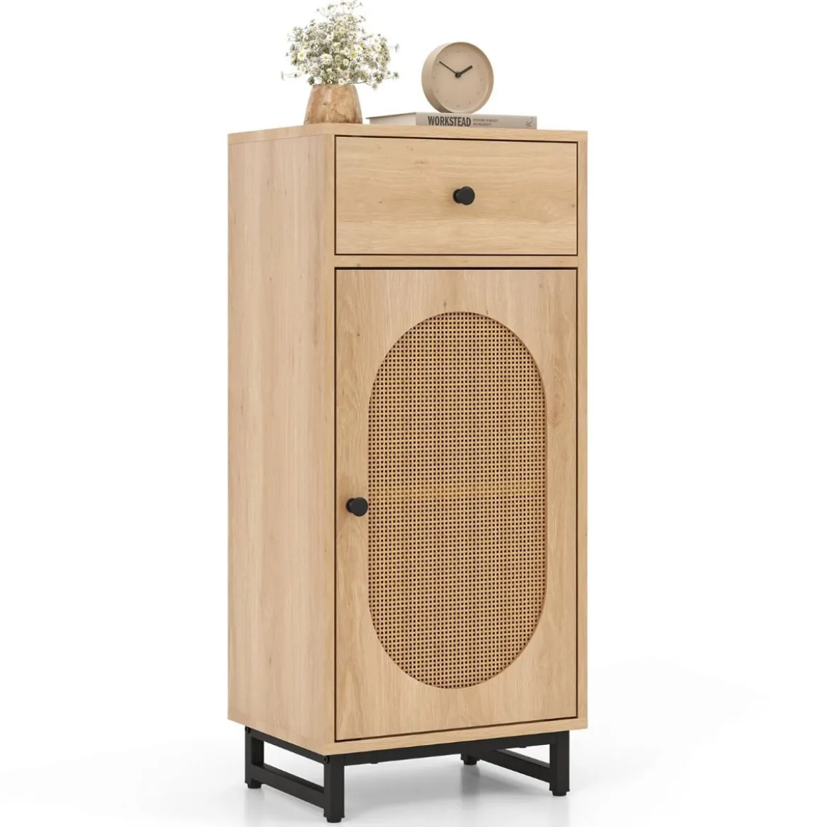 Nachttisch Rattan mit Tür & Schublade Boho Beistelltisch mit verstellbaren Regal 40 x 30 x 91cm Natur