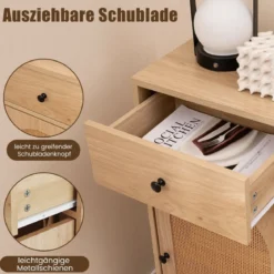 Nachttisch Rattan mit Tür & Schublade Boho Beistelltisch mit verstellbaren Regal 40 x 30 x 91cm Natur