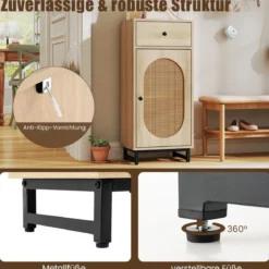 Nachttisch Rattan mit Tür & Schublade Boho Beistelltisch mit verstellbaren Regal 40 x 30 x 91cm Natur