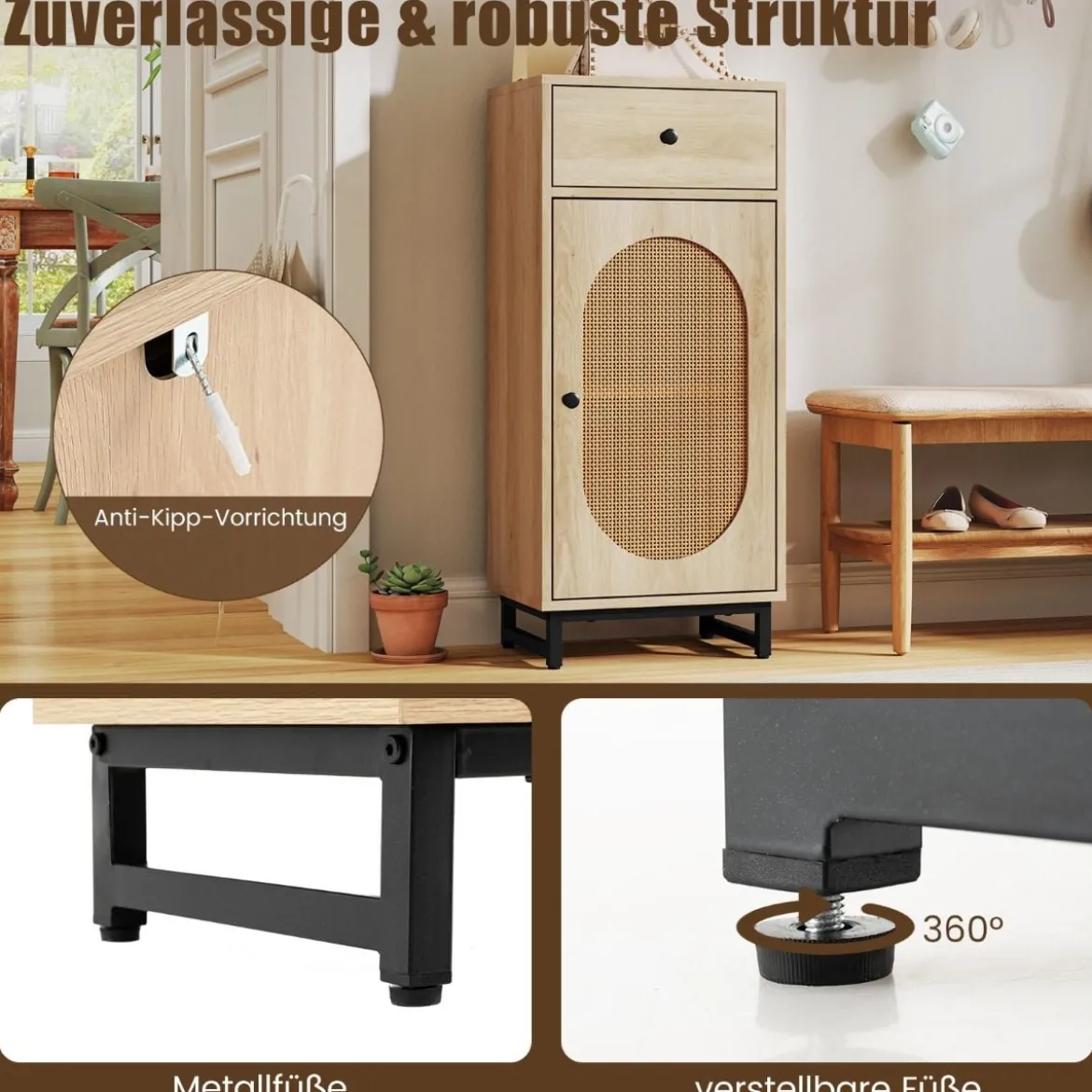 Nachttisch Rattan mit Tür & Schublade Boho Beistelltisch mit verstellbaren Regal 40 x 30 x 91cm Natur