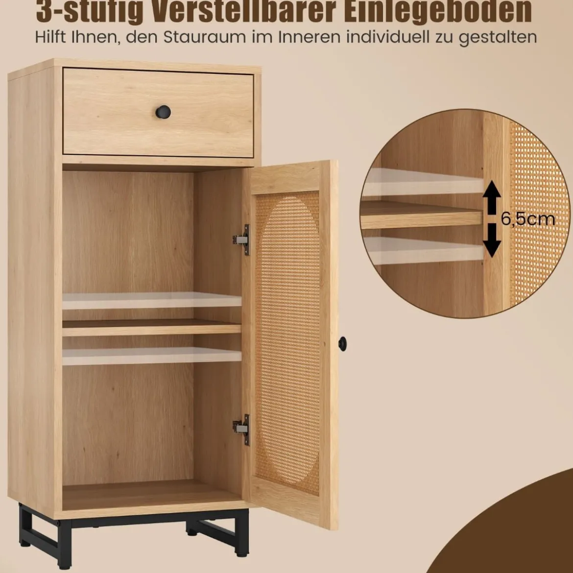 Nachttisch Rattan mit Tür & Schublade Boho Beistelltisch mit verstellbaren Regal 40 x 30 x 91cm Natur