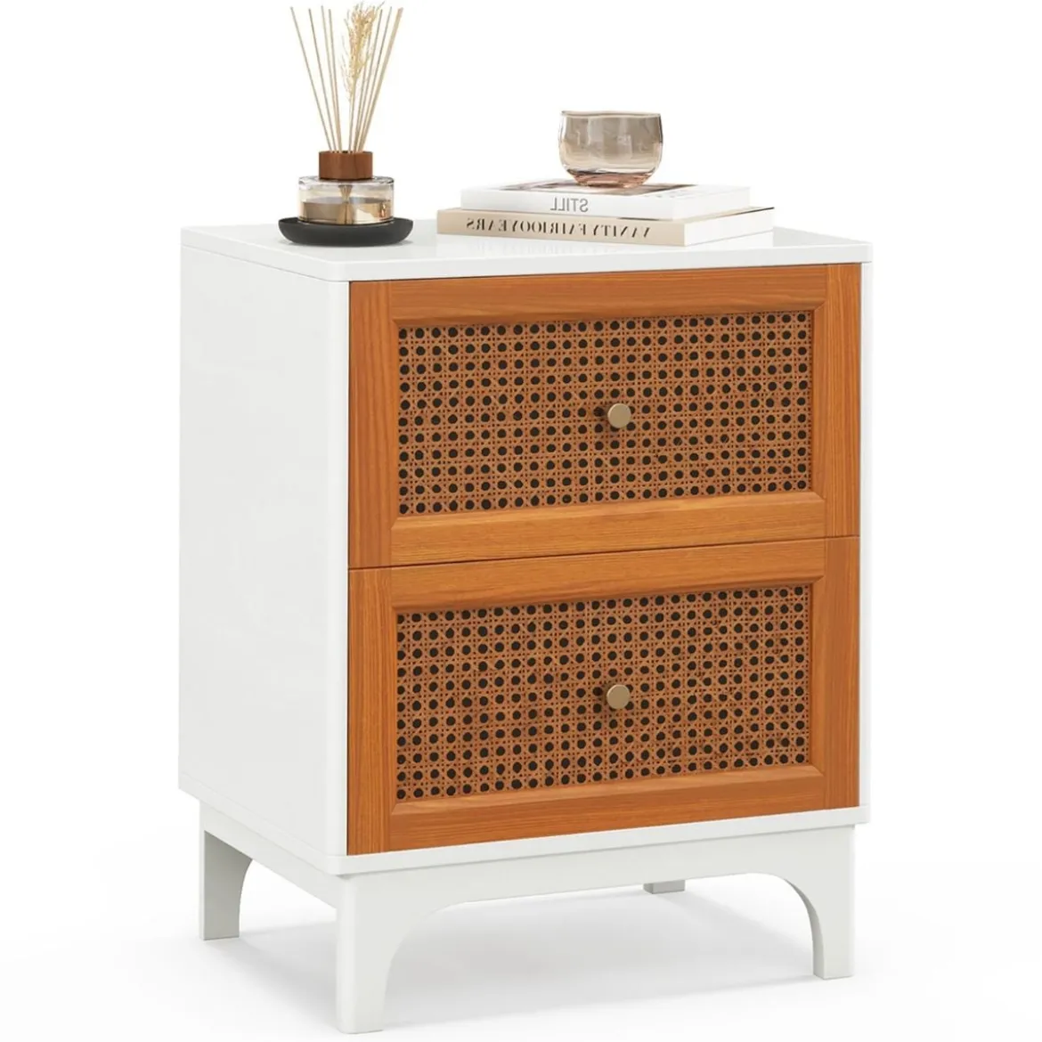 Nachttisch Rattan Nachtschrank mit 2 Schubladen Beistelltisch mit Massivholzbeinen 46 x 33 x 59,5 cm Weiß + Braun