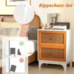 Nachttisch Rattan Nachtschrank mit 2 Schubladen Beistelltisch mit Massivholzbeinen 46 x 33 x 59,5 cm Weiß + Braun