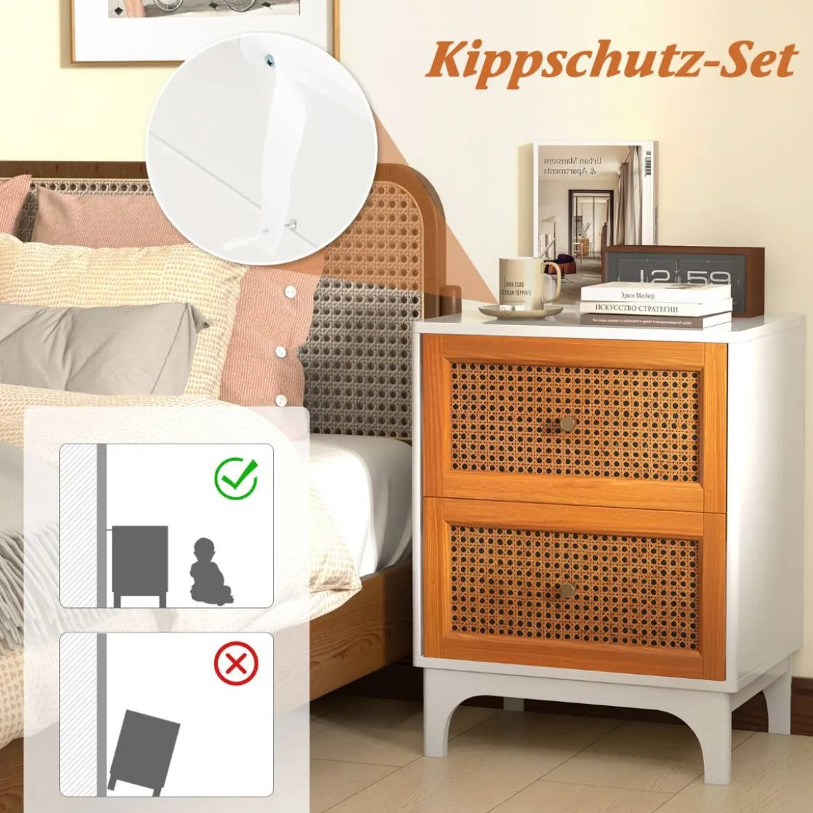 Nachttisch Rattan Nachtschrank mit 2 Schubladen Beistelltisch mit Massivholzbeinen 46 x 33 x 59,5 cm Weiß + Braun