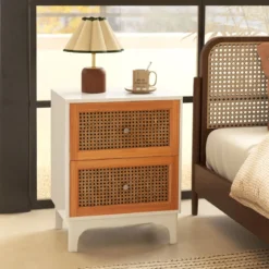 Nachttisch Rattan Nachtschrank mit 2 Schubladen Beistelltisch mit Massivholzbeinen 46 x 33 x 59,5 cm Weiß + Braun