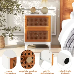 Nachttisch Rattan Nachtschrank mit 2 Schubladen Beistelltisch mit Massivholzbeinen 46 x 33 x 59,5 cm Weiß + Braun