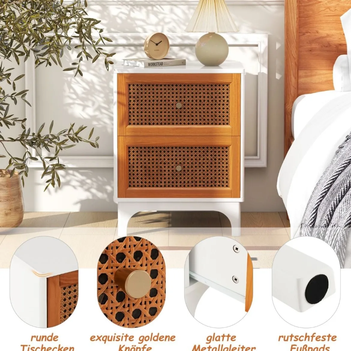 Nachttisch Rattan Nachtschrank mit 2 Schubladen Beistelltisch mit Massivholzbeinen 46 x 33 x 59,5 cm Weiß + Braun