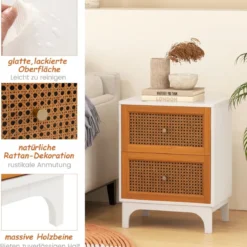 Nachttisch Rattan Nachtschrank mit 2 Schubladen Beistelltisch mit Massivholzbeinen 46 x 33 x 59,5 cm Weiß + Braun