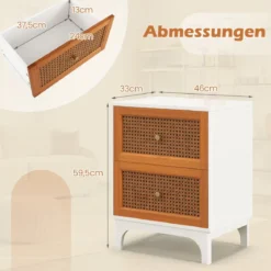 Nachttisch Rattan Nachtschrank mit 2 Schubladen Beistelltisch mit Massivholzbeinen 46 x 33 x 59,5 cm Weiß + Braun