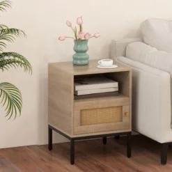 Nachttisch Rattan Nachtschrank mit offenem Regal und Schrank 40 x 40 x 57 cm Natur