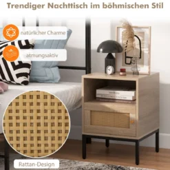 Nachttisch Rattan Nachtschrank mit offenem Regal und Schrank 40 x 40 x 57 cm Natur