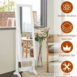 Neigungsverstellbarer Schmuckschrank mit Ganzkörperspiegel & 64 Ohrringschlitzen Schmuckregal