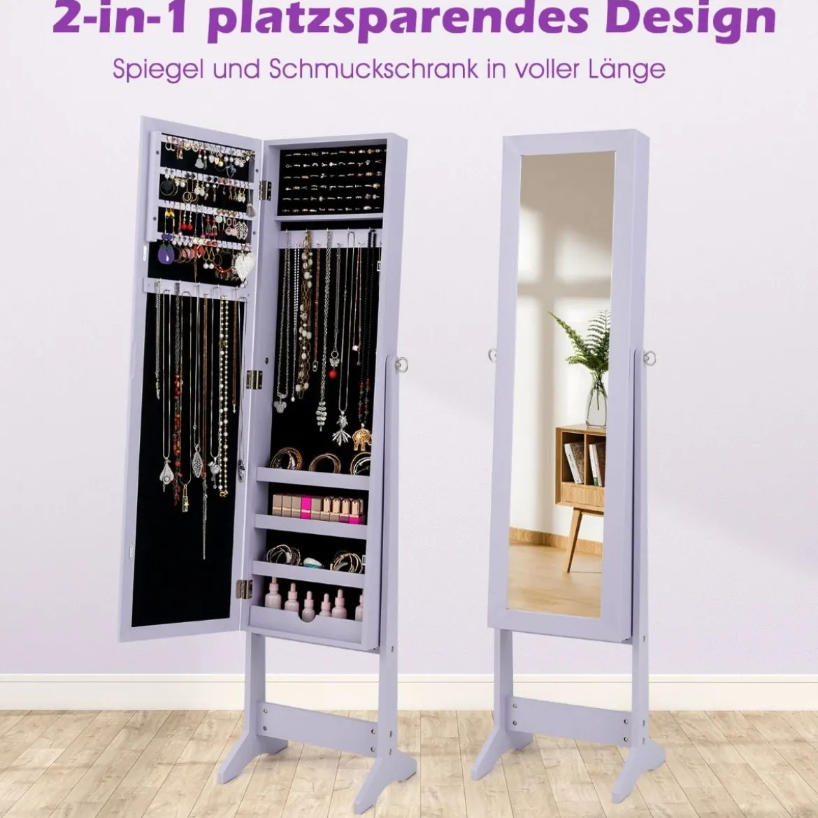 Neigungsverstellbarer Schmuckschrank mit Ganzkörperspiegel & 64 Ohrringschlitzen Schmuckregal