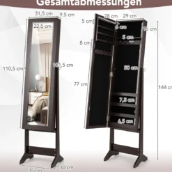 Neigungsverstellbarer Schmuckschrank mit Ganzkörperspiegel & 64 Ohrringschlitzen Schmuckregal