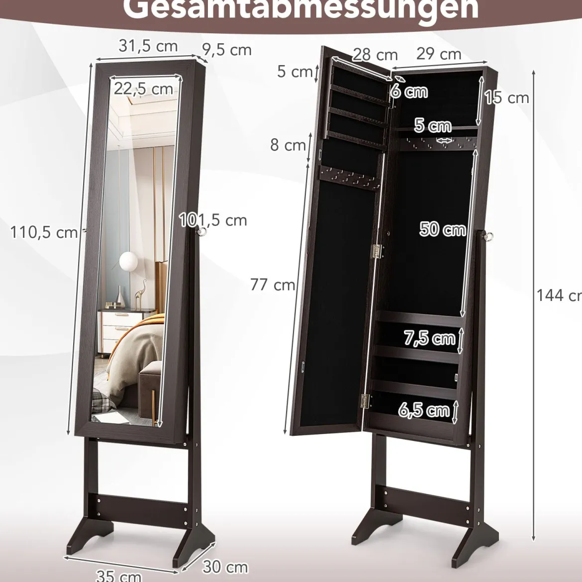 Neigungsverstellbarer Schmuckschrank mit Ganzkörperspiegel & 64 Ohrringschlitzen Schmuckregal