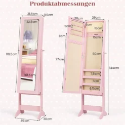 Neigungsverstellbarer Schmuckschrank mit Ganzkörperspiegel & 64 Ohrringschlitzen Schmuckregal
